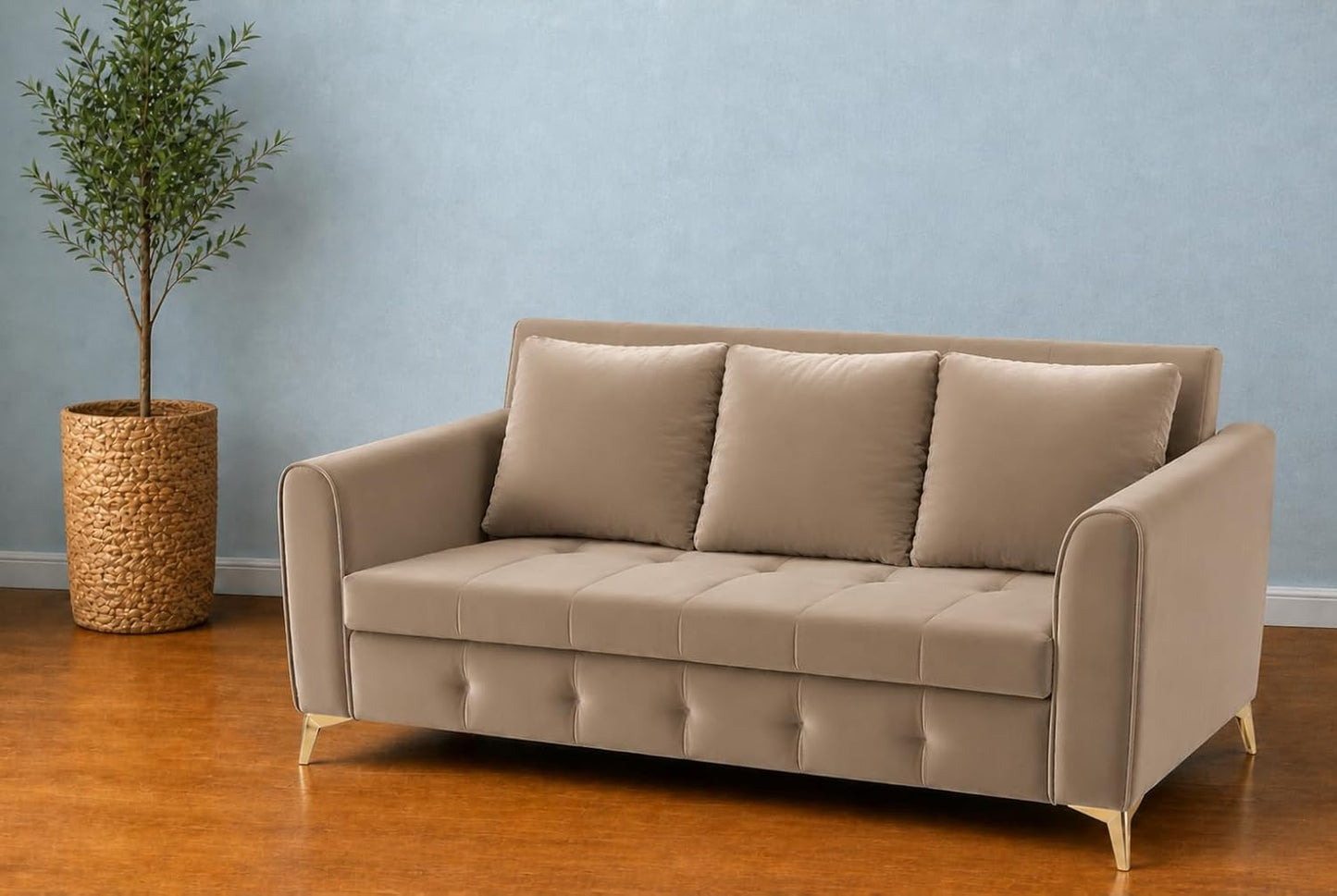 Adorn India Premium Mystic - 3 Years Warranty - 3 Seater Sofa Cum Bed Velvet Suede Fabric - Beige