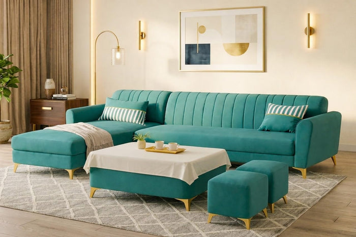 Adorn India Premium Luster 8 Seater L Shape Sofa Set with 2 Puffy & 1 Center Table | Velvet Suede Fabric | 3-Year Warranty | LHS | Aqua Blue with Golden Legs & Striped Pattern Cushion