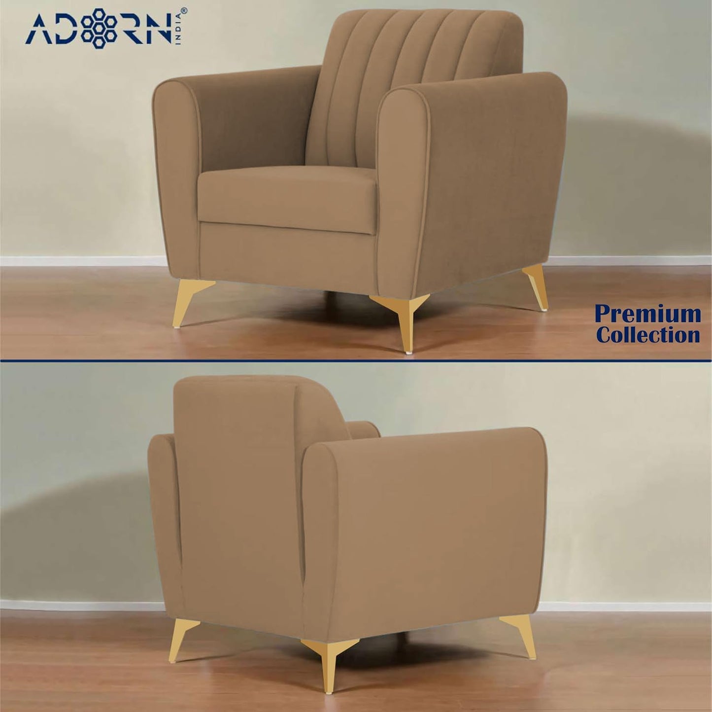 Adorn India Premium Luster 3-2-1 Sofa Set | Velvet Suede Fabric | 3-Year Warranty | Color Camel with Golden Legs & Striped Pattern Cushion