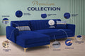 Premium Luster 8 Seater L Shape Sofa Set with 2 Puffy & 1 Center Table | Velvet Suede Fabric | 3-Year Warranty | LHS | Blue with Golden Legs & Striped Pattern Cushion