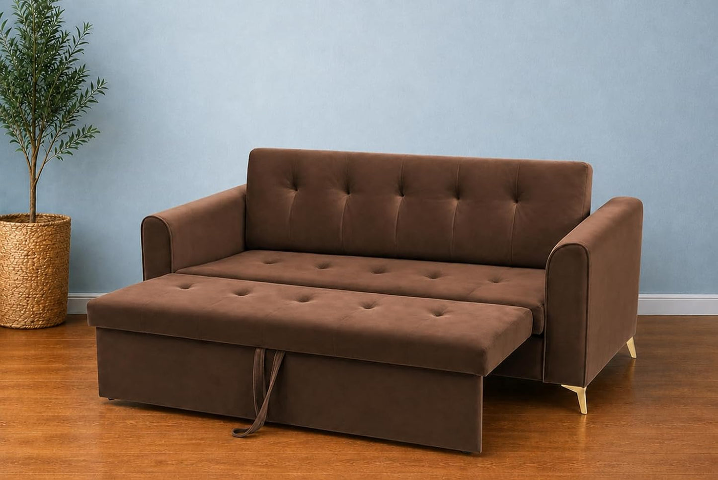 Adorn India Premium Mystic - 3 Years Warranty - 3 Seater Sofa Cum Bed Velvet Suede Fabric - Brown