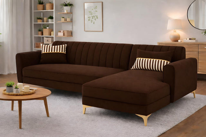 Adorn India Premium Luster 6 Seater L Shape Sofa Set | Velvet Suede Fabric | 3-Year Warranty | RHS |Color Brown with Golden Legs & Striped Pattern Cushion