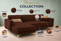 Premium Luster 8 Seater L Shape Sofa Set with 2 Puffy & 1 Center Table | Velvet Suede Fabric | 3-Year Warranty | LHS | Brown with Golden Legs & Striped Pattern Cushion