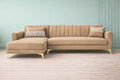 Adorn India Premium Luster 8 Seater L Shape Sofa Set with 2 Puffy & 1 Center Table | Velvet Suede Fabric | 3-Year Warranty | LHS | Camel with Golden Legs & Striped Pattern Cushion