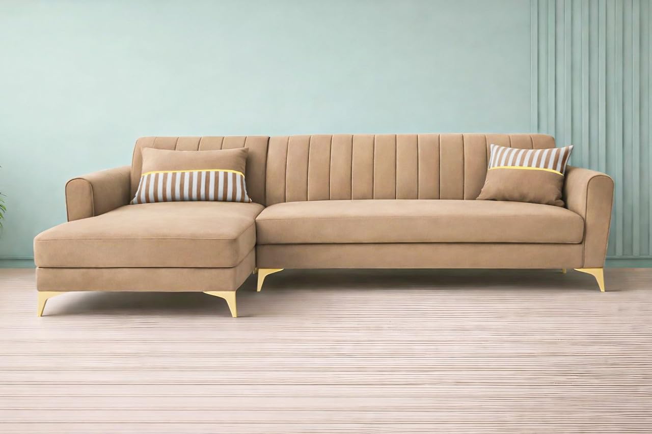 Adorn India Premium Luster 8 Seater L Shape Sofa Set with 2 Puffy & 1 Center Table | Velvet Suede Fabric | 3-Year Warranty | LHS | Camel with Golden Legs & Striped Pattern Cushion