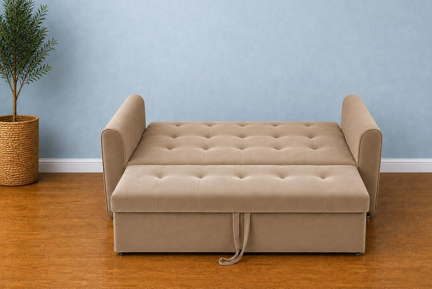 Adorn India Premium Mystic - 3 Years Warranty - 3 Seater Sofa Cum Bed Velvet Suede Fabric - Beige