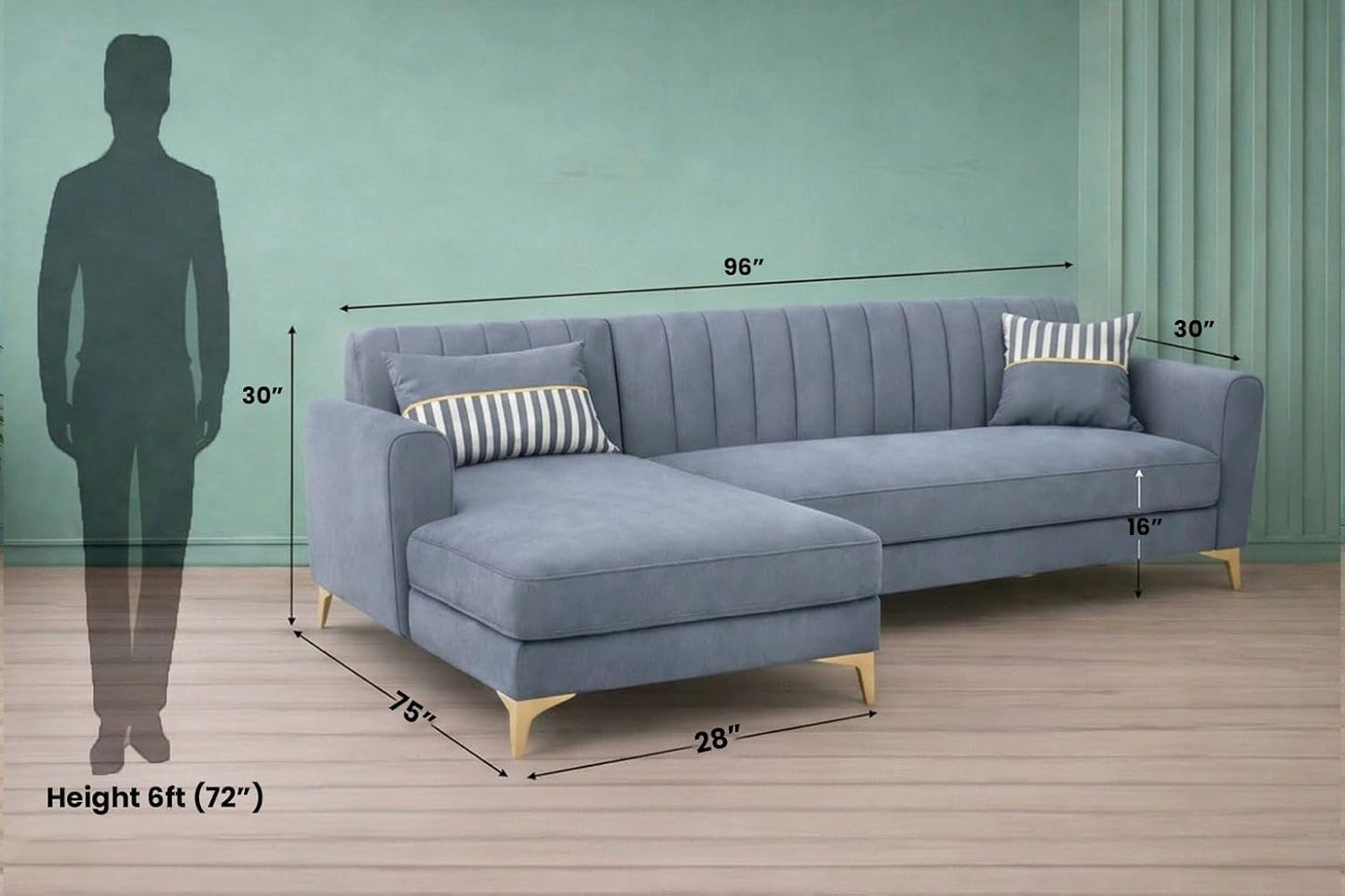 Adorn India Premium Luster 6 Seater L Shape Sofa Set | Velvet Suede Fabric | 3-Year Warranty | LHS |Color Grey with Golden Legs & Striped Pattern Cushion