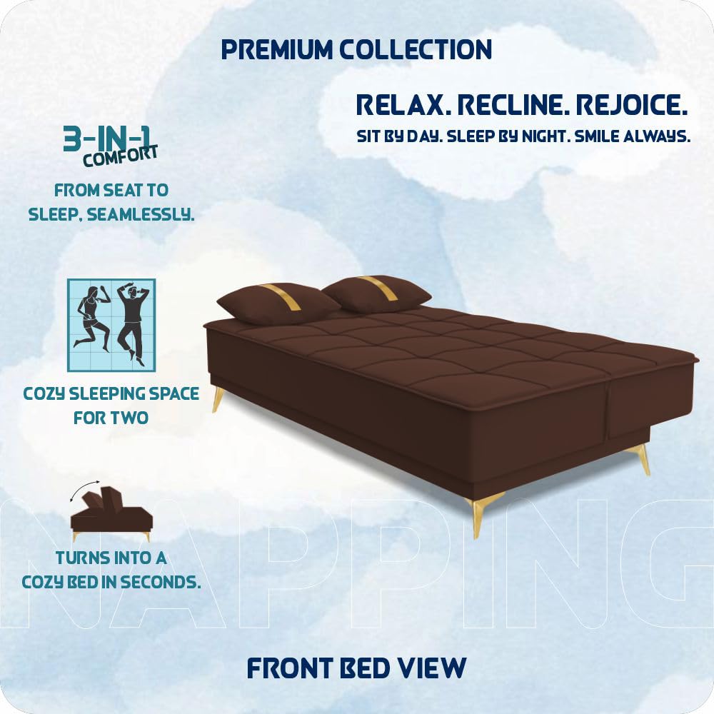 Adorn India Premium New Alyssum 3 Seater Sofa Cum Bed 4X6 Velvet Suede with 2 Cushions (Color Brown) and Suitable for All Indoor, with 3 Years Warranty