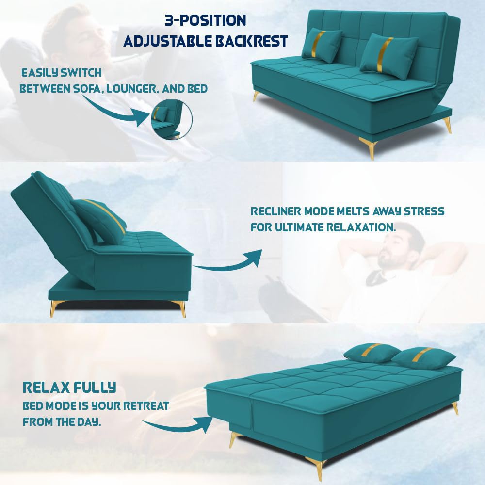 Adorn India Premium New Alyssum 3 Seater Sofa Cum Bed 4X6 Velvet Suede with 2 Cushions (Color Aqua Blue) and Suitable for All Indoor, with 3 Years Warranty