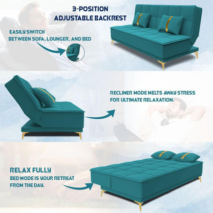 Adorn India Premium New Alyssum 3 Seater Sofa Cum Bed 4X6 Velvet Suede with 2 Cushions (Color Aqua Blue) and Suitable for All Indoor, with 3 Years Warranty