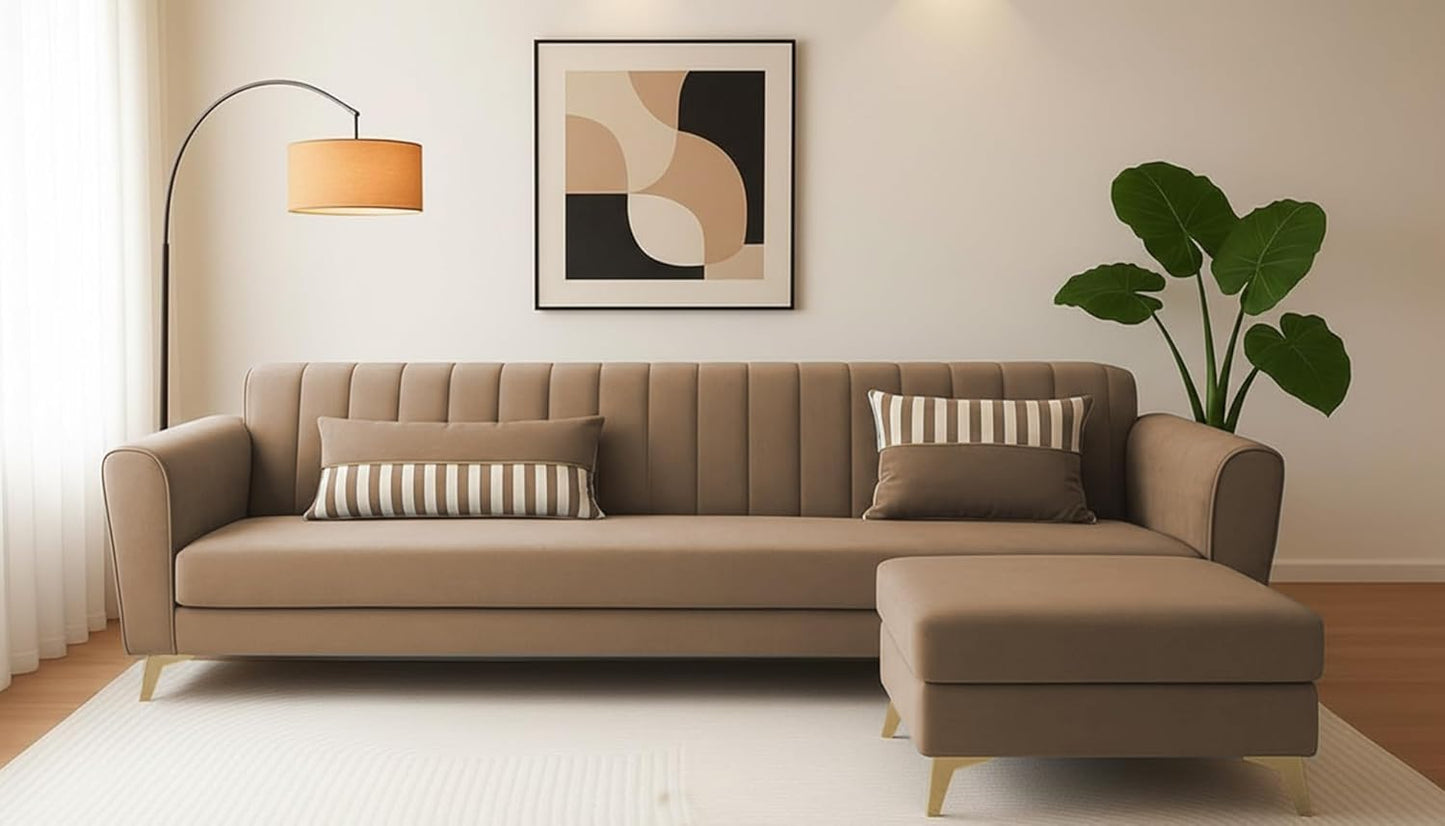 Adorn India Premium Luster 4 Seater L Shape Sofa Set | Velvet Suede Fabric | 3-Year Warranty | Color Camel with Golden Legs & Striped Pattern Cushion