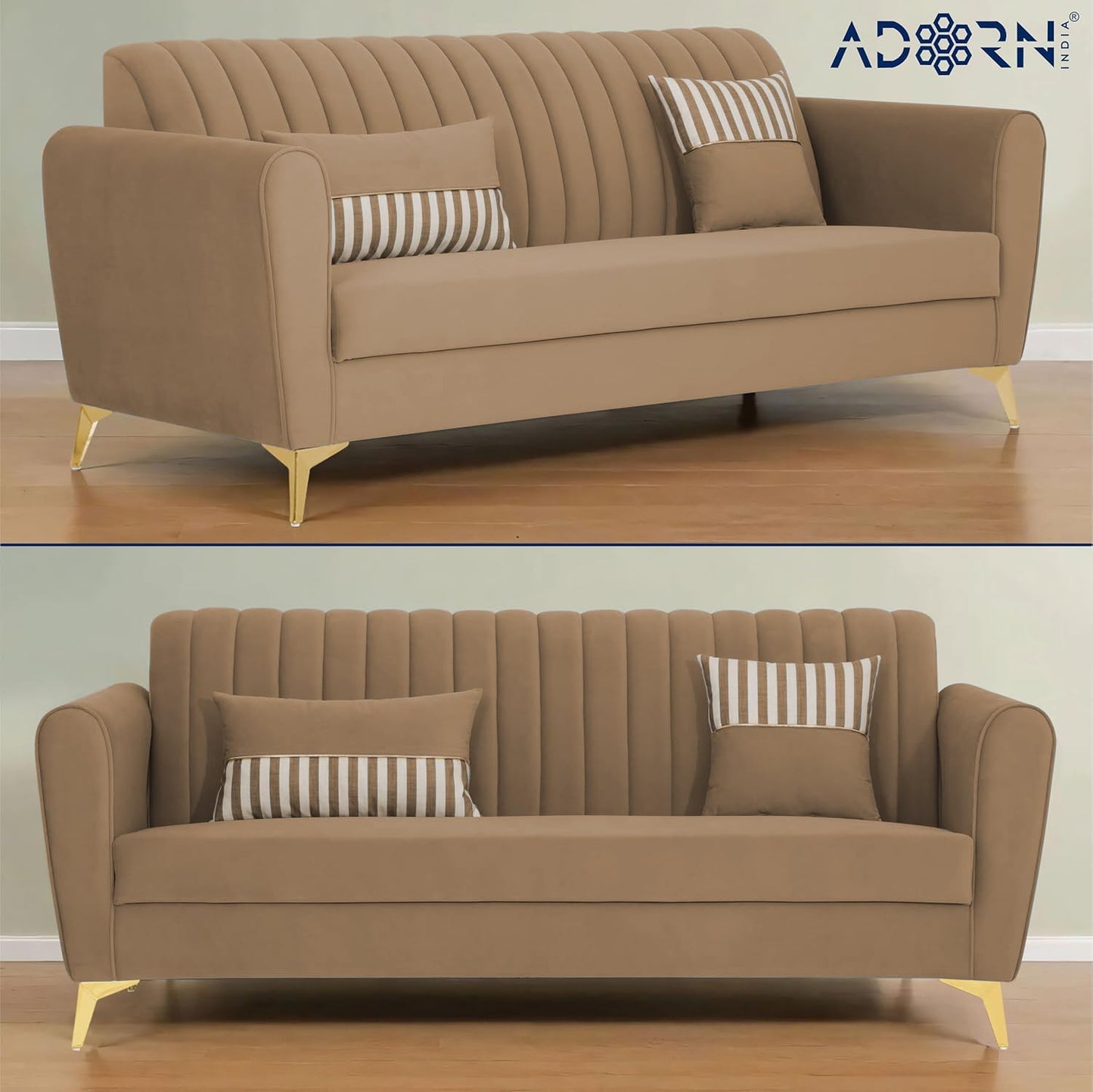 Adorn India Premium Luster 3-2-1 Sofa Set | Velvet Suede Fabric | 3-Year Warranty | Color Camel with Golden Legs & Striped Pattern Cushion