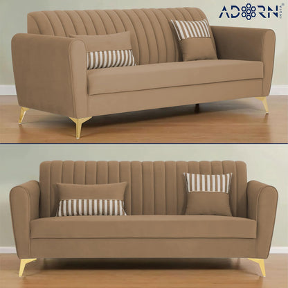 Adorn India Premium Luster 3-2-1 Sofa Set | Velvet Suede Fabric | 3-Year Warranty | Color Camel with Golden Legs & Striped Pattern Cushion