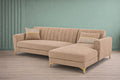 Adorn India Premium Luster 6 Seater L Shape Sofa Set | Velvet Suede Fabric | 3-Year Warranty | RHS |Color Beige with Golden Legs & Striped Pattern Cushion