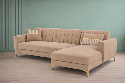 Adorn India Premium Luster 6 Seater L Shape Sofa Set | Velvet Suede Fabric | 3-Year Warranty | RHS |Color Beige with Golden Legs & Striped Pattern Cushion
