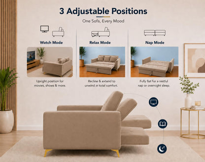 Adorn India Premium Mystic - 3 Years Warranty - 3 Seater Sofa Cum Bed Velvet Suede Fabric - Beige