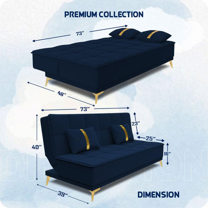 Adorn India Premium New Alyssum 3 Seater Sofa Cum Bed 4X6 Velvet Suede with 2 Cushions (Color Blue) and Suitable for All Indoor, with 3 Years Warranty