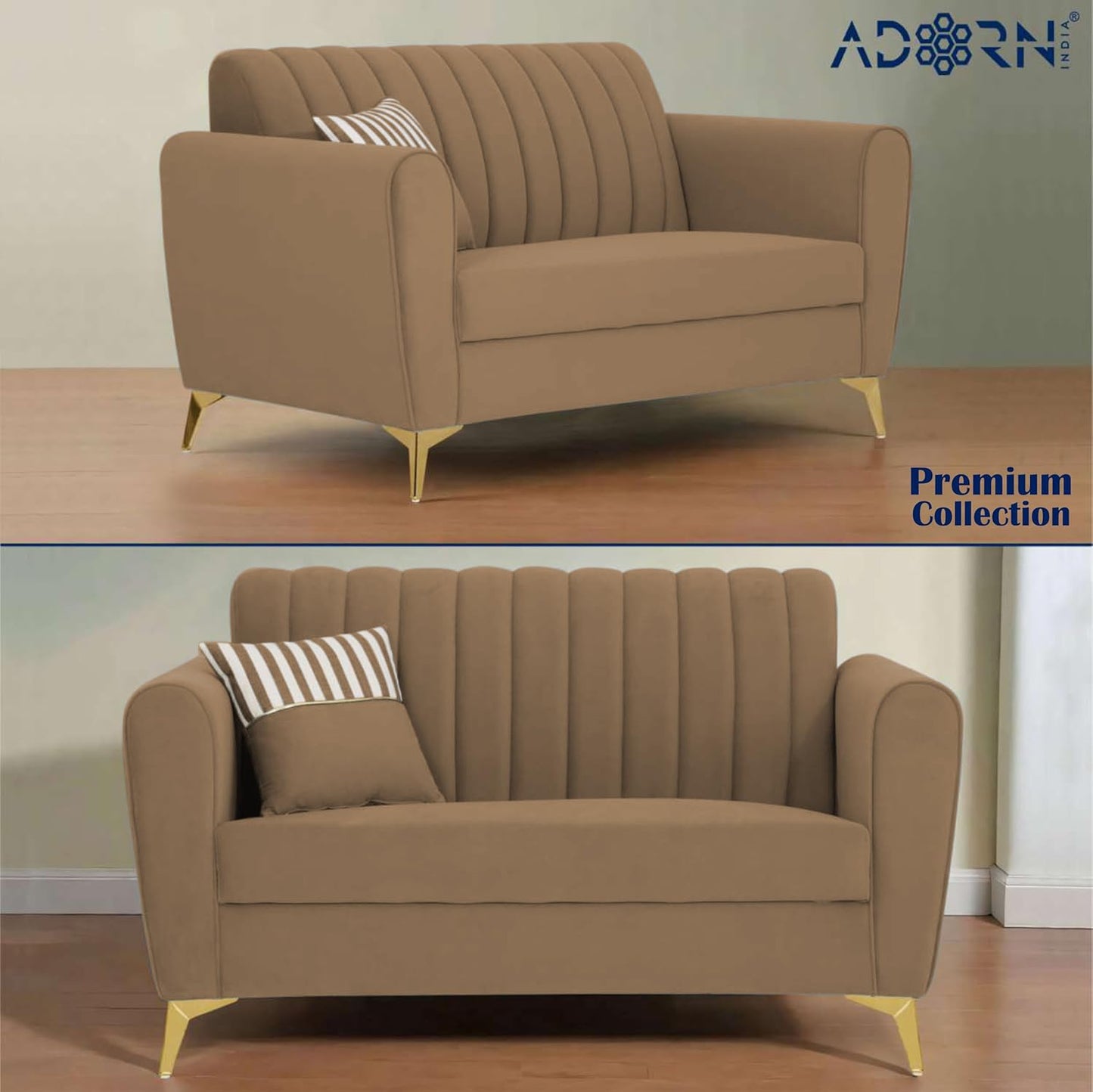 Adorn India Premium Luster 3-2-1 Sofa Set | Velvet Suede Fabric | 3-Year Warranty | Color Camel with Golden Legs & Striped Pattern Cushion