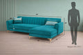 Adorn India Premium Luster 6 Seater L Shape Sofa Set | Velvet Suede Fabric | 3-Year Warranty | RHS |Color Aqua Blue with Golden Legs & Striped Pattern Cushion