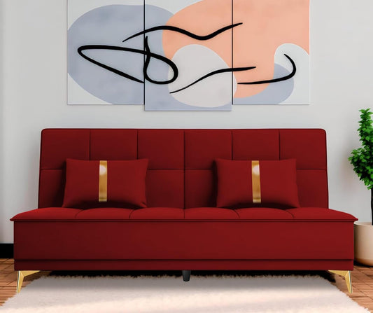 Adorn India Premium New Alyssum 3 Seater Sofa Cum Bed 4X6 Velvet Suede with 2 Cushions (Color Red) and Suitable for All Indoor, with 3 Years Warranty