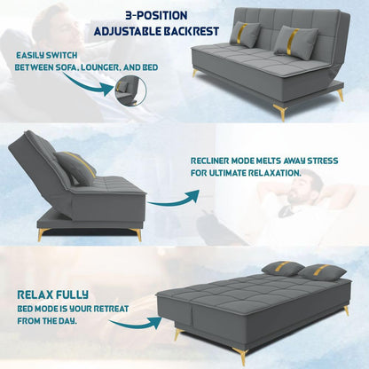 Adorn India Premium New Alyssum 3 Seater Sofa Cum Bed 4X6 Velvet Suede with 2 Cushions (Color Grey) and Suitable for All Indoor, with 3 Years Warranty
