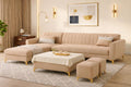 Adorn India Premium Luster 8 Seater L Shape Sofa Set with 2 Puffy & 1 Center Table | Velvet Suede Fabric | 3-Year Warranty | LHS | Beige with Golden Legs & Striped Pattern Cushion