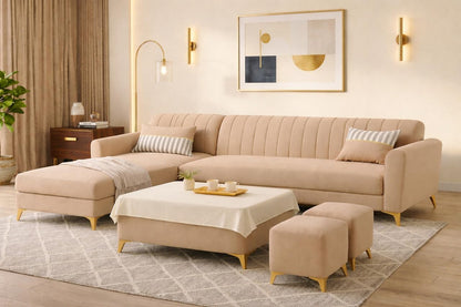 Adorn India Premium Luster 8 Seater L Shape Sofa Set with 2 Puffy & 1 Center Table | Velvet Suede Fabric | 3-Year Warranty | LHS | Beige with Golden Legs & Striped Pattern Cushion