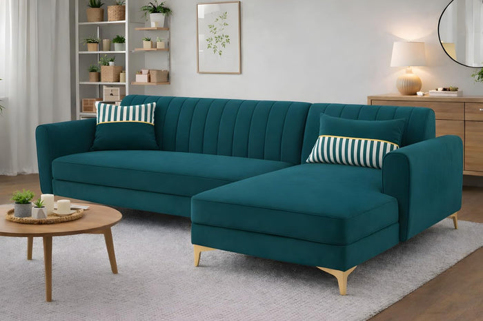 Adorn India Premium Luster 6 Seater L Shape Sofa Set | Velvet Suede Fabric | 3-Year Warranty | RHS |Color Ocean Blue with Golden Legs & Striped Pattern Cushion