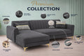 Premium Luster 8 Seater L Shape Sofa Set with 2 Puffy & 1 Center Table | Velvet Suede Fabric | 3-Year Warranty | LHS | Dark Grey with Golden Legs & Striped Pattern Cushion