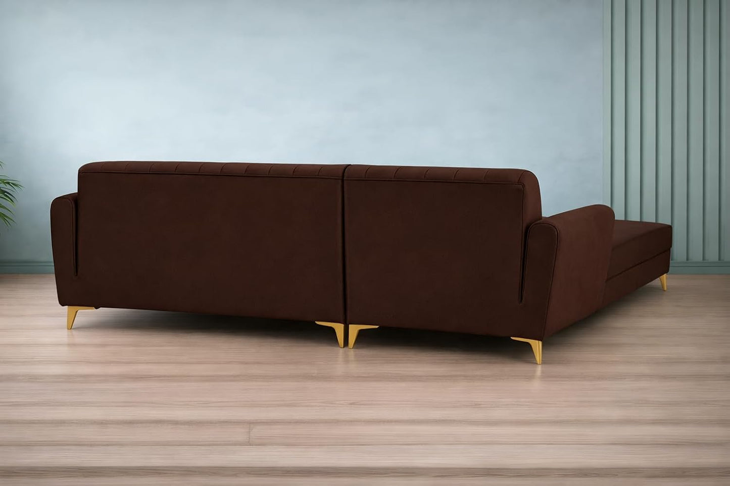 Adorn India Premium Luster 6 Seater L Shape Sofa Set | Velvet Suede Fabric | 3-Year Warranty | LHS |Color Brown with Golden Legs & Striped Pattern Cushion