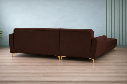 Adorn India Premium Luster 6 Seater L Shape Sofa Set | Velvet Suede Fabric | 3-Year Warranty | LHS |Color Brown with Golden Legs & Striped Pattern Cushion