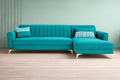 Adorn India Premium Luster 6 Seater L Shape Sofa Set | Velvet Suede Fabric | 3-Year Warranty | RHS |Color Aqua Blue with Golden Legs & Striped Pattern Cushion