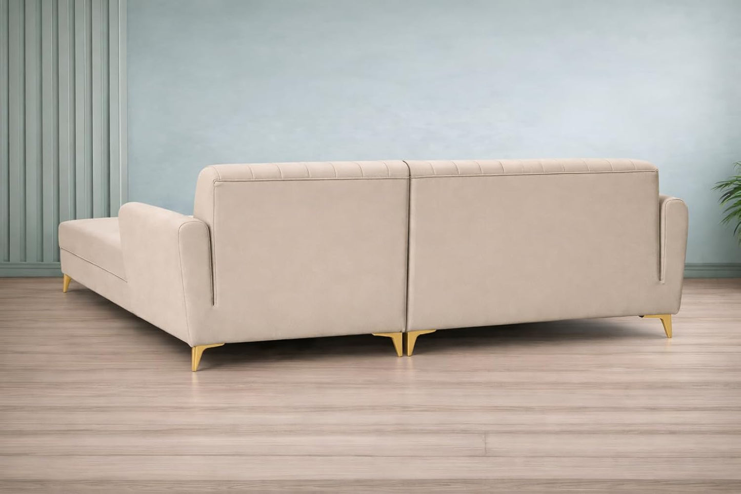 Adorn India Premium Luster 6 Seater L Shape Sofa Set | Velvet Suede Fabric | 3-Year Warranty | RHS |Color Cream with Golden Legs & Striped Pattern Cushion