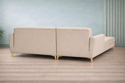 Adorn India Premium Luster 6 Seater L Shape Sofa Set | Velvet Suede Fabric | 3-Year Warranty | LHS |Color Cream with Golden Legs & Striped Pattern Cushion