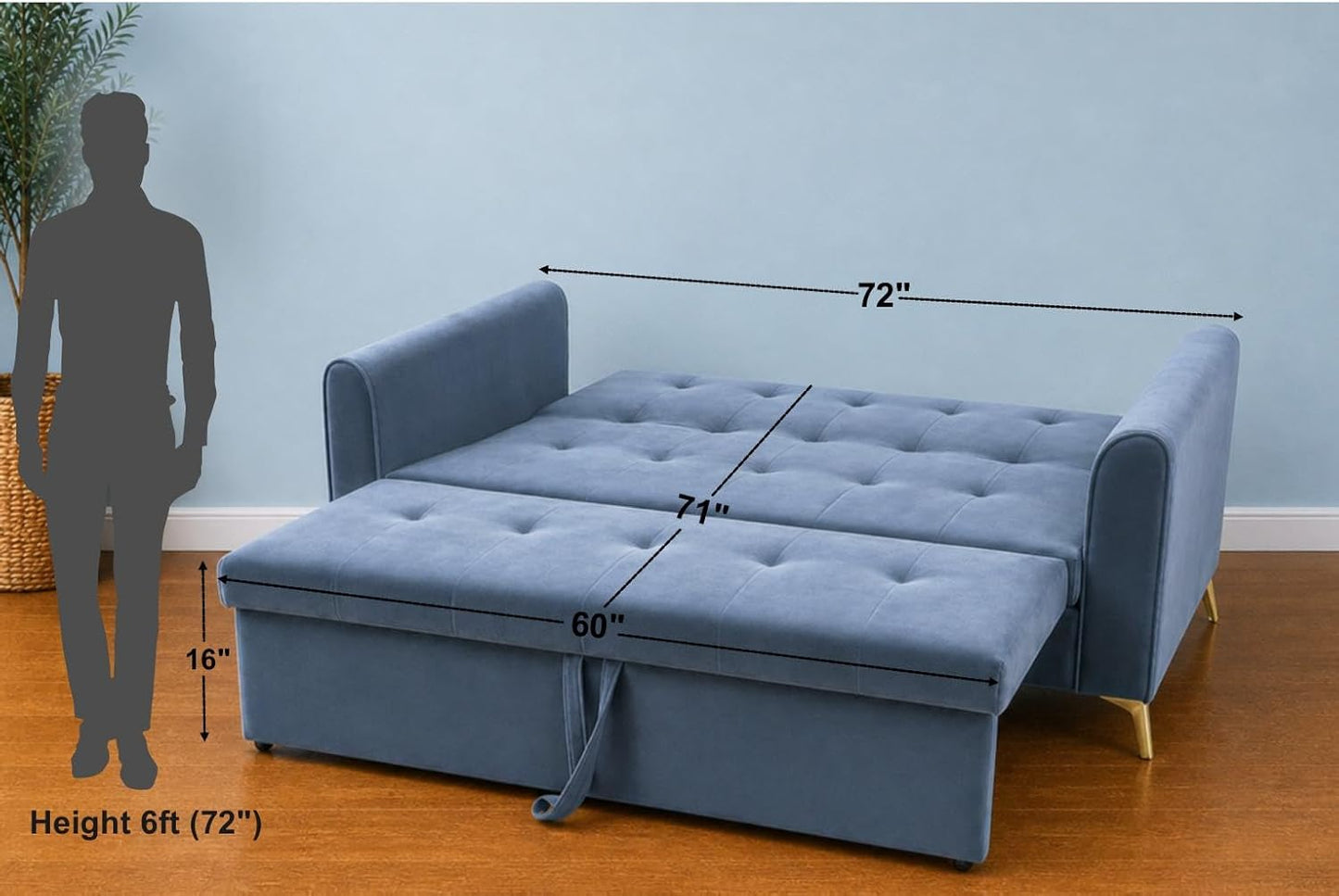 Adorn India Premium Mystic - 3 Years Warranty - 3 Seater Sofa Cum Bed Velvet Suede Fabric - Grey
