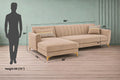 Adorn India Premium Luster 8 Seater L Shape Sofa Set with 2 Puffy & 1 Center Table | Velvet Suede Fabric | 3-Year Warranty | LHS | Beige with Golden Legs & Striped Pattern Cushion