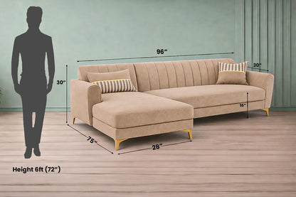Adorn India Premium Luster 8 Seater L Shape Sofa Set with 2 Puffy & 1 Center Table | Velvet Suede Fabric | 3-Year Warranty | LHS | Beige with Golden Legs & Striped Pattern Cushion