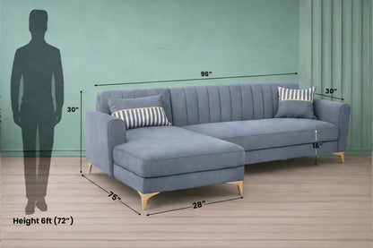 Adorn India Premium Luster 8 Seater L Shape Sofa Set with 2 Puffy & 1 Center Table | Velvet Suede Fabric | 3-Year Warranty | LHS | Grey with Golden Legs & Striped Pattern Cushion