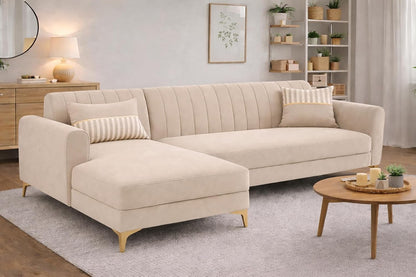 Adorn India Premium Luster 6 Seater L Shape Sofa Set | Velvet Suede Fabric | 3-Year Warranty | LHS |Color Cream with Golden Legs & Striped Pattern Cushion