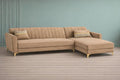 Adorn India Premium Luster 6 Seater L Shape Sofa Set | Velvet Suede Fabric | 3-Year Warranty | RHS |Color Camel with Golden Legs & Striped Pattern Cushion