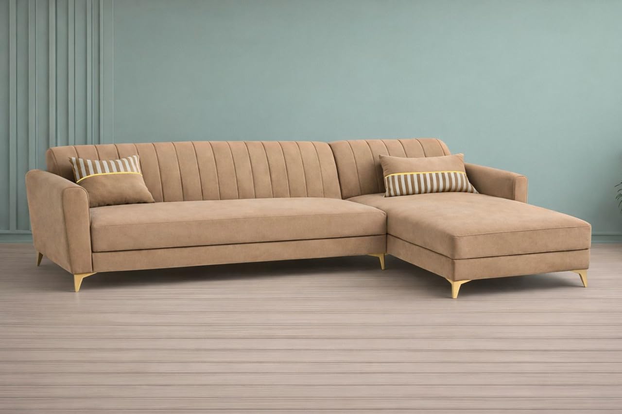Adorn India Premium Luster 6 Seater L Shape Sofa Set | Velvet Suede Fabric | 3-Year Warranty | RHS |Color Camel with Golden Legs & Striped Pattern Cushion