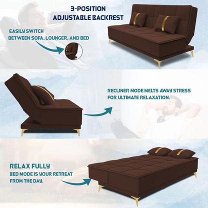 Adorn India Premium New Alyssum 3 Seater Sofa Cum Bed 4X6 Velvet Suede with 2 Cushions (Color Brown) and Suitable for All Indoor, with 3 Years Warranty
