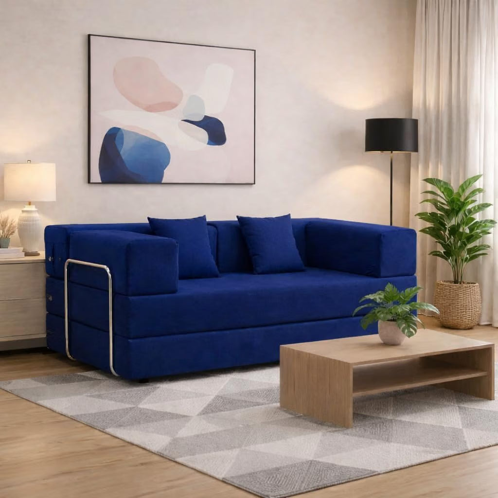 Adorn India Easy Premium Modular 4 Seater Sofa Cum Bed | Velvet Suede Fabric | Colour Blue | Modern Design | Size 6x6 Fit | Comfortable for Seat & Sleep | Washable Cover | Perfect for Home & Office