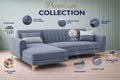 Premium Luster 8 Seater L Shape Sofa Set with 2 Puffy & 1 Center Table | Velvet Suede Fabric | 3-Year Warranty | LHS | Grey with Golden Legs & Striped Pattern Cushion
