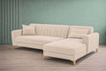 Adorn India Premium Luster 6 Seater L Shape Sofa Set | Velvet Suede Fabric | 3-Year Warranty | RHS |Color Cream with Golden Legs & Striped Pattern Cushion