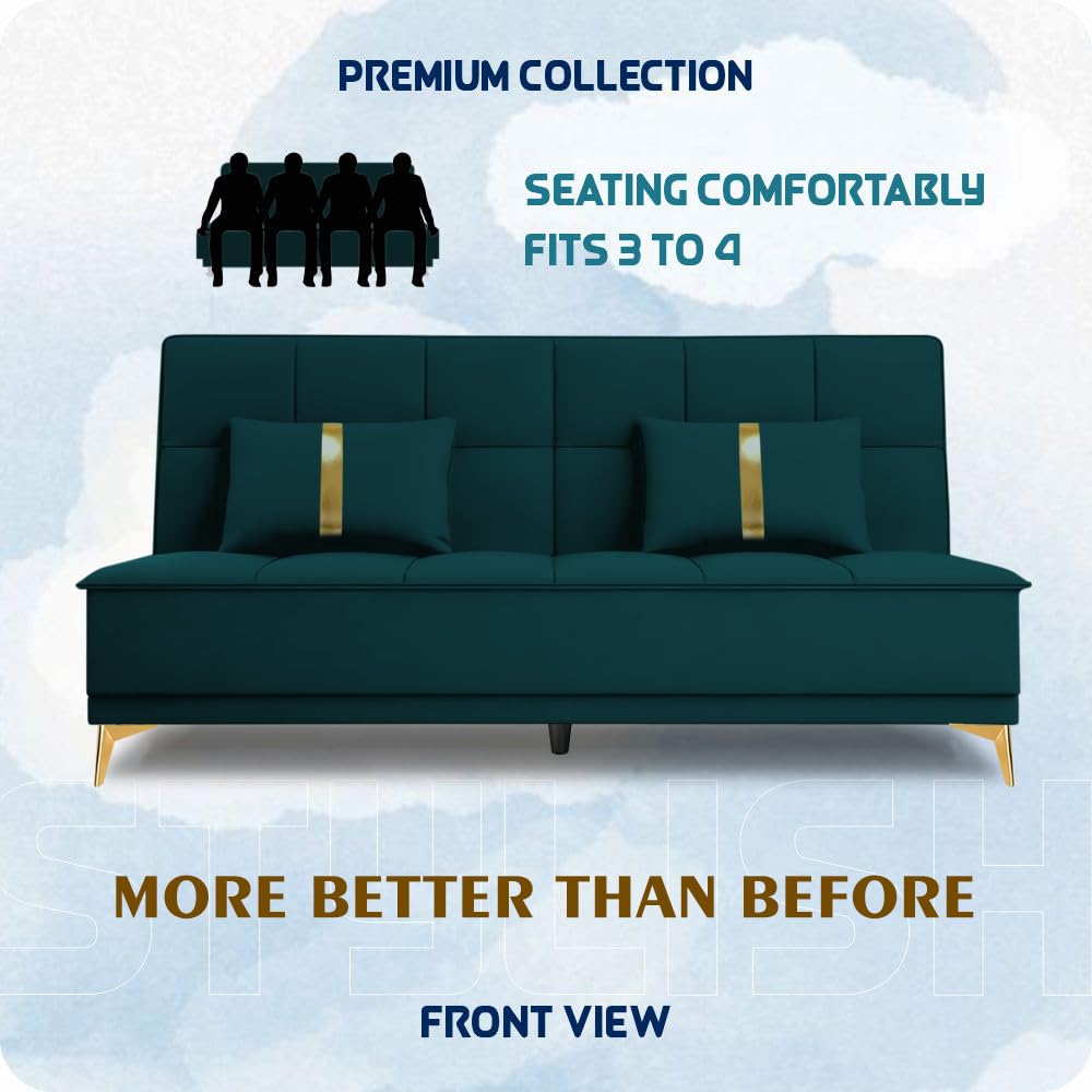 Adorn India Premium New Alyssum 3 Seater Sofa Cum Bed 4X6 Velvet Suede with 2 Cushions (Color Ocean Blue) and Suitable for All Indoor, with 3 Years Warranty