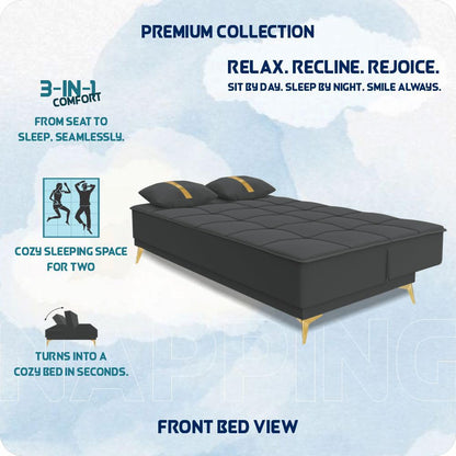Adorn India Premium New Alyssum 3 Seater Sofa Cum Bed 4X6 Velvet Suede with 2 Cushions (Color Dark Grey) and Suitable for All Indoor, with 3 Years Warranty
