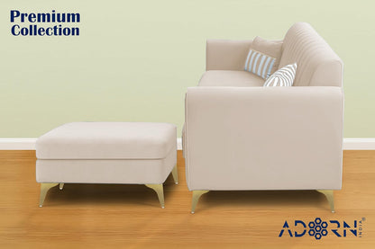 Adorn India Premium Luster 4 Seater L Shape Sofa Set | Velvet Suede Fabric | 3-Year Warranty | Color Cream with Golden Legs & Striped Pattern Cushion