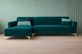 Adorn India Premium Luster 8 Seater L Shape Sofa Set with 2 Puffy & 1 Center Table | Velvet Suede Fabric | 3-Year Warranty | LHS | Ocean Blue with Golden Legs & Striped Pattern Cushion
