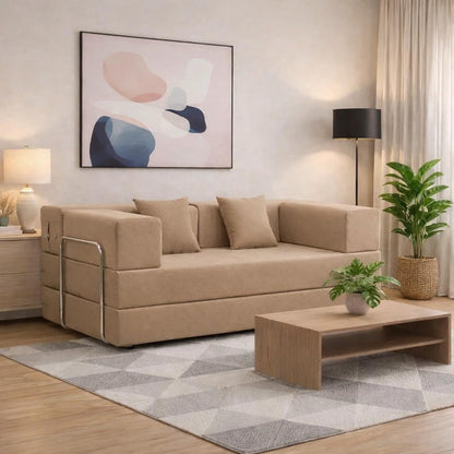 Adorn India Easy Premium Modular 4 Seater Sofa Cum Bed | Velvet Suede Fabric | Colour Camel | Modern Design | Size 6x6 Fit | Comfortable for Seat & Sleep | Washable Cover | Perfect for Home & Office